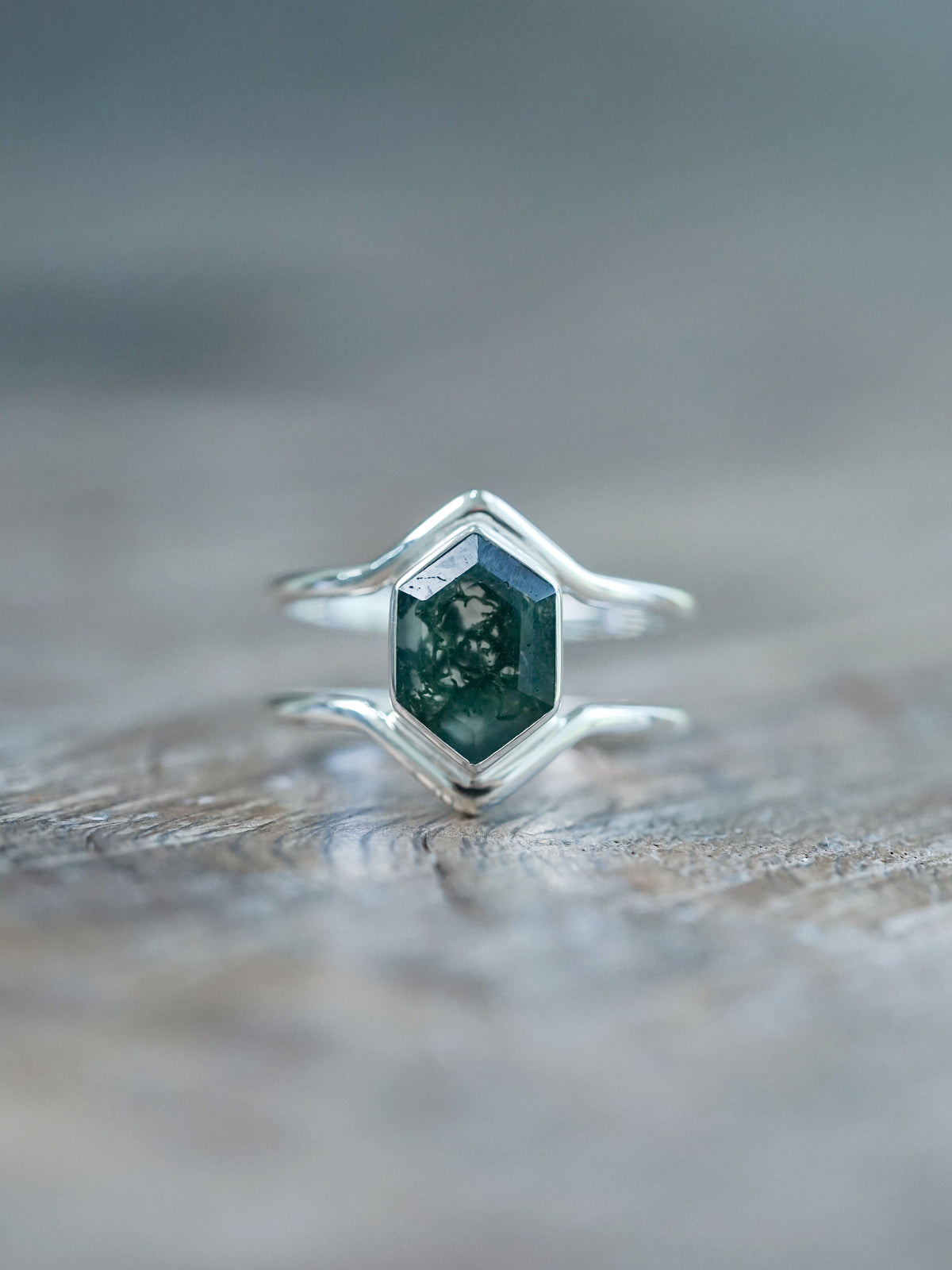 Hexagon Moss Agate Ring