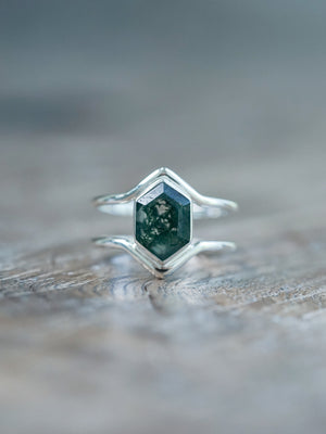 Hexagon Moss Agate Ring