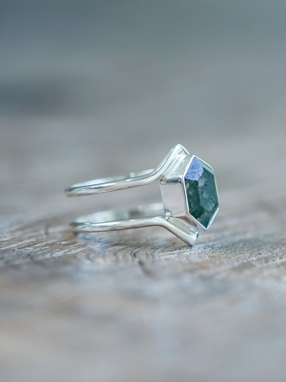 Hexagon Moss Agate Ring