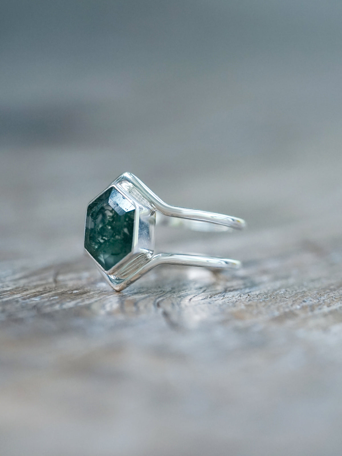 Hexagon Moss Agate Ring