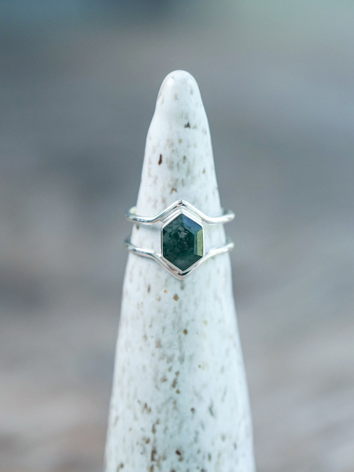 Hexagon Moss Agate Ring