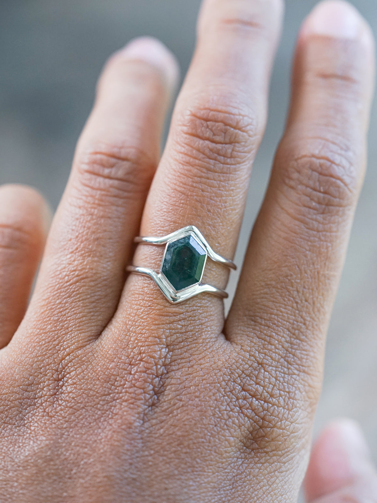 Hexagon Moss Agate Ring