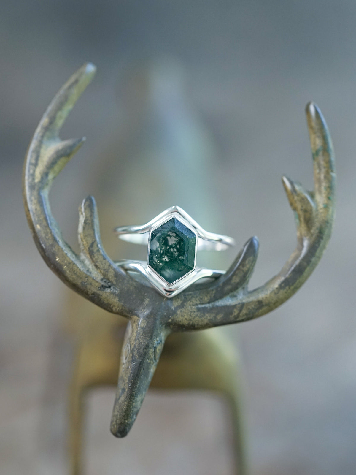 Hexagon Moss Agate Ring