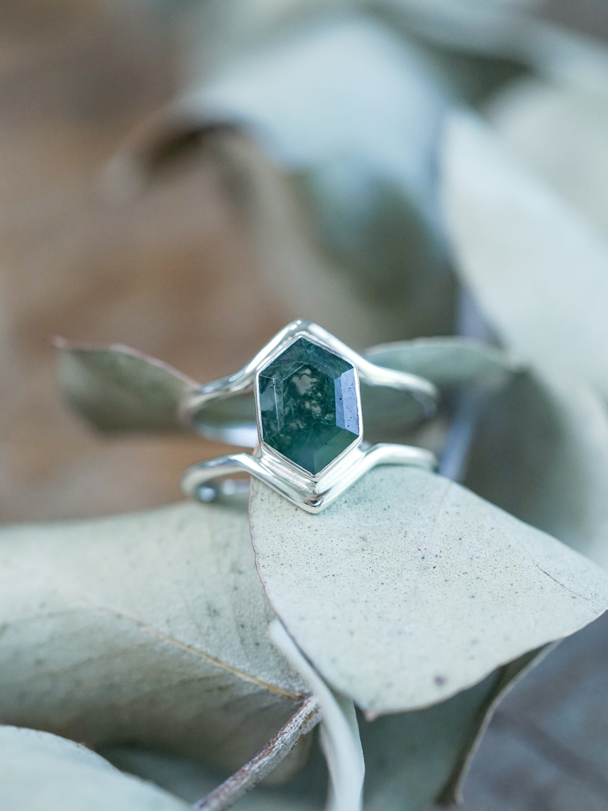 Hexagon Moss Agate Ring