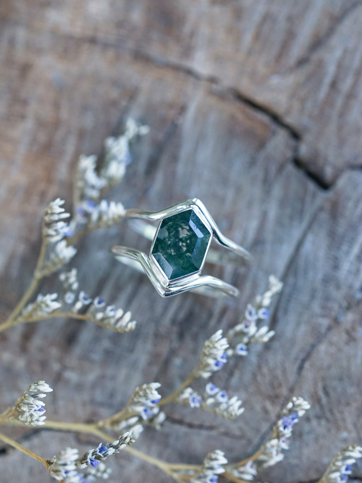 Hexagon Moss Agate Ring