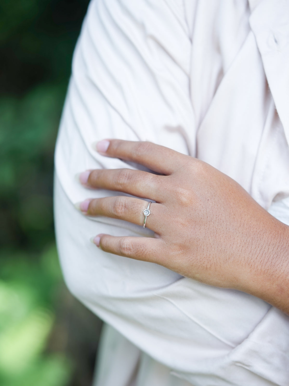 Small Hexagon Salt and Pepper Diamond Ring - Gardens of the Sun | Ethical Jewelry