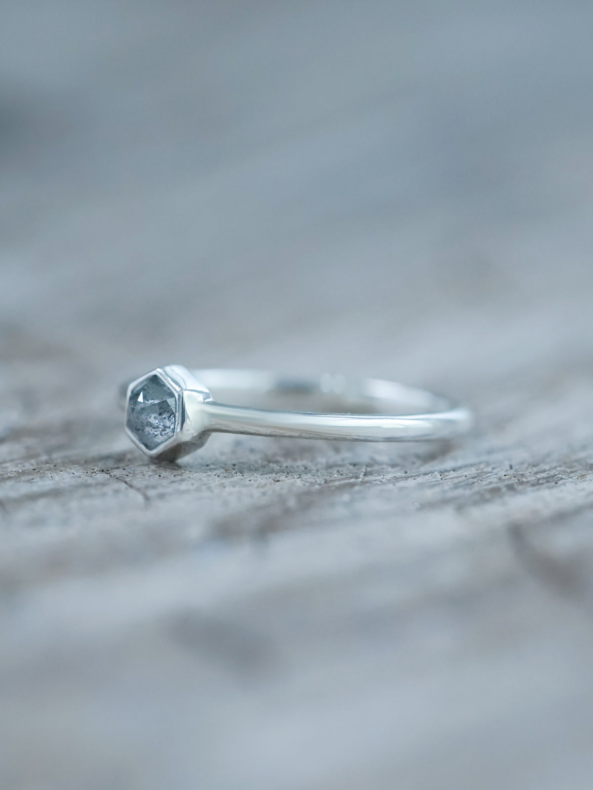 Small Hexagon Salt and Pepper Diamond Ring - Gardens of the Sun | Ethical Jewelry