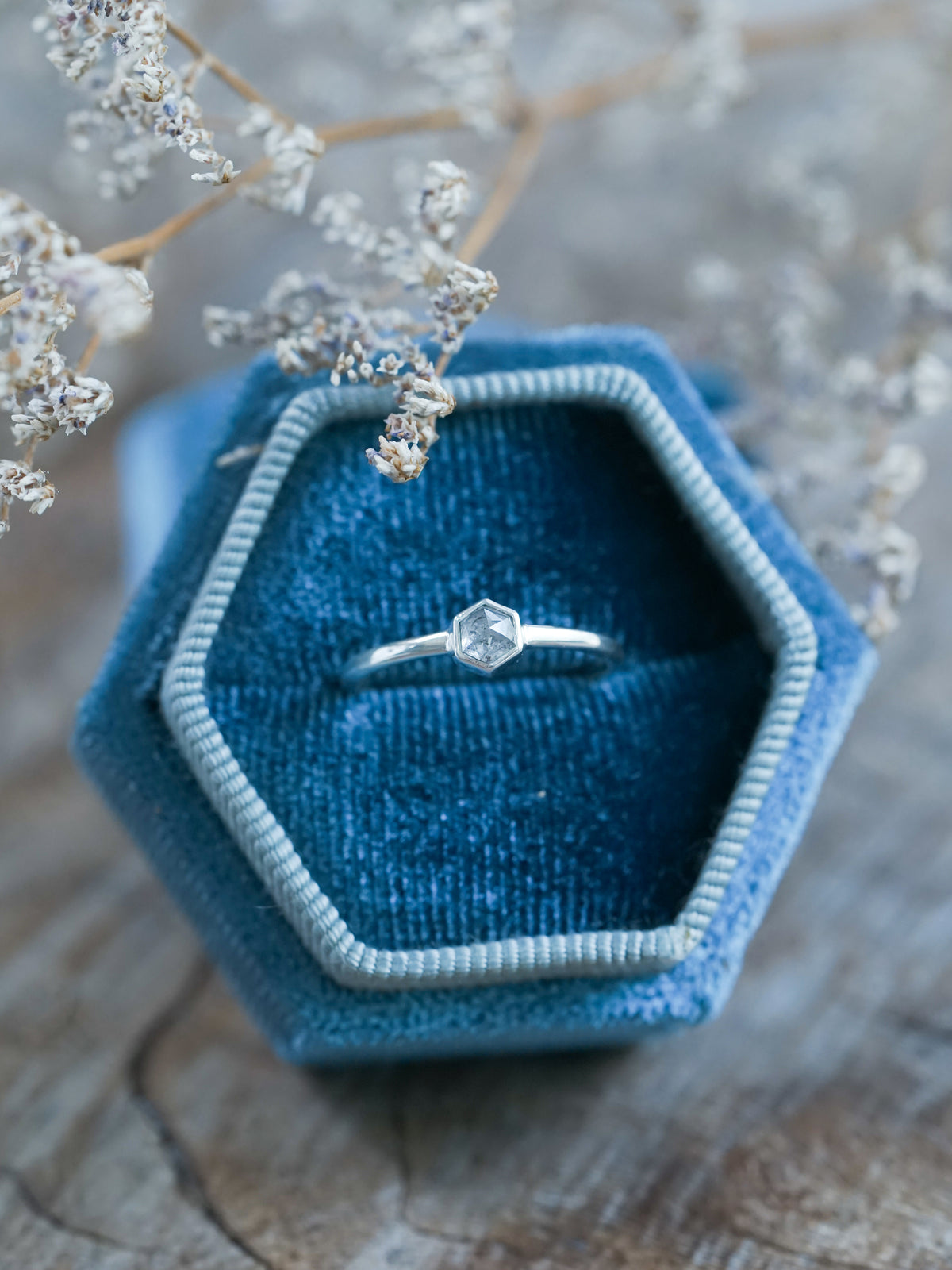 Small Hexagon Salt and Pepper Diamond Ring - Gardens of the Sun | Ethical Jewelry