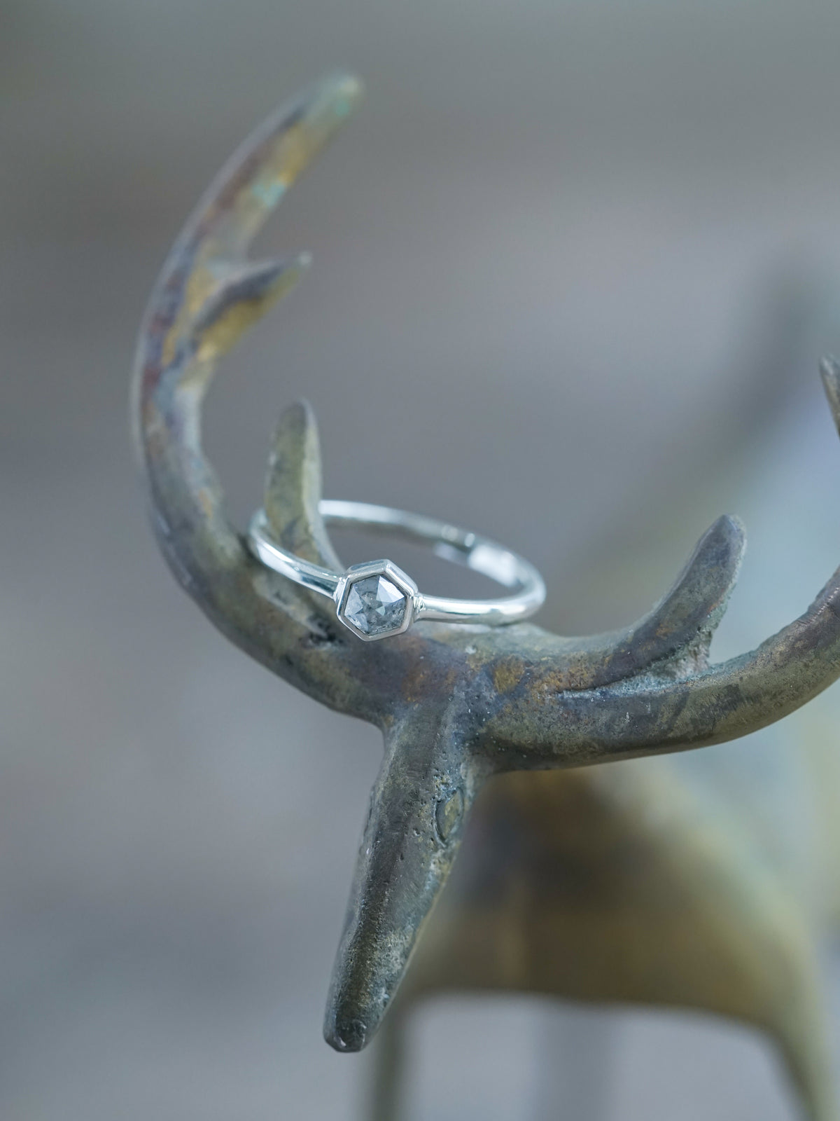 Small Hexagon Salt and Pepper Diamond Ring - Gardens of the Sun | Ethical Jewelry