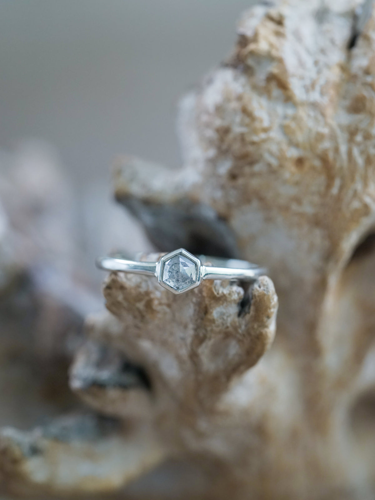 Small Hexagon Salt and Pepper Diamond Ring - Gardens of the Sun | Ethical Jewelry