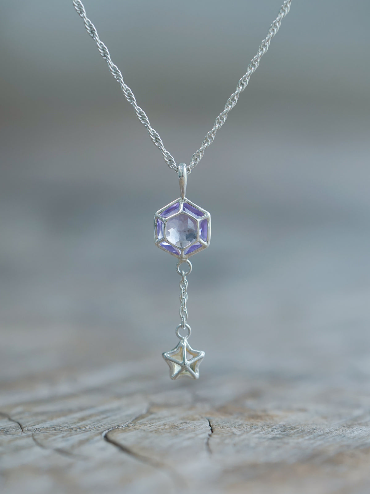 Hexagon Amethyst and Star Citrine Necklace in recycled sterling silver