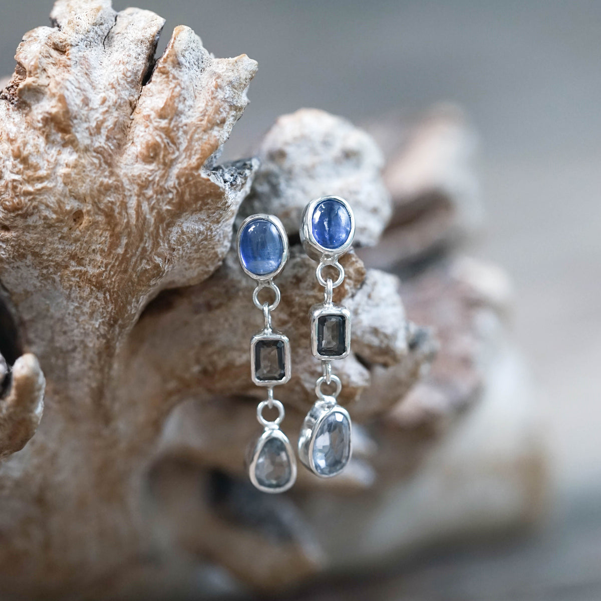 Kyanite and Sapphire Dangle Earrings