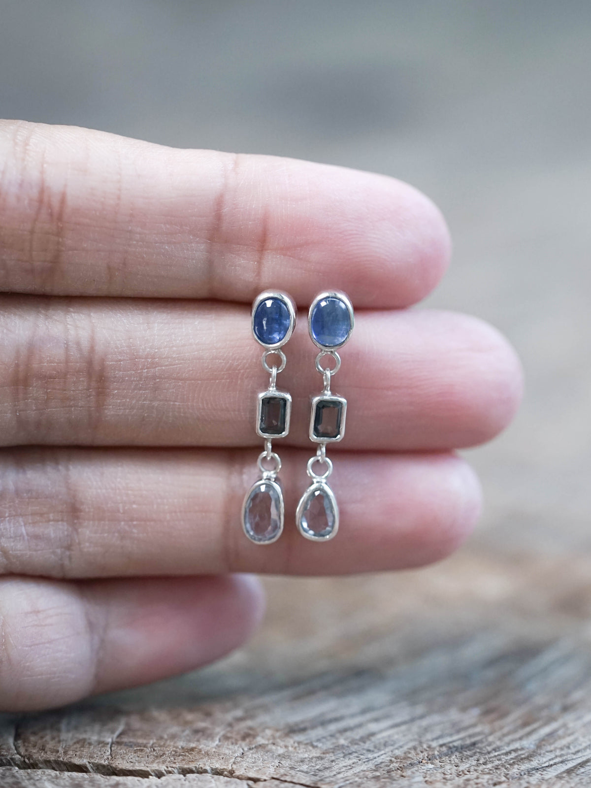 Kyanite and Sapphire Dangle Earrings in Recycled Sterling Silver