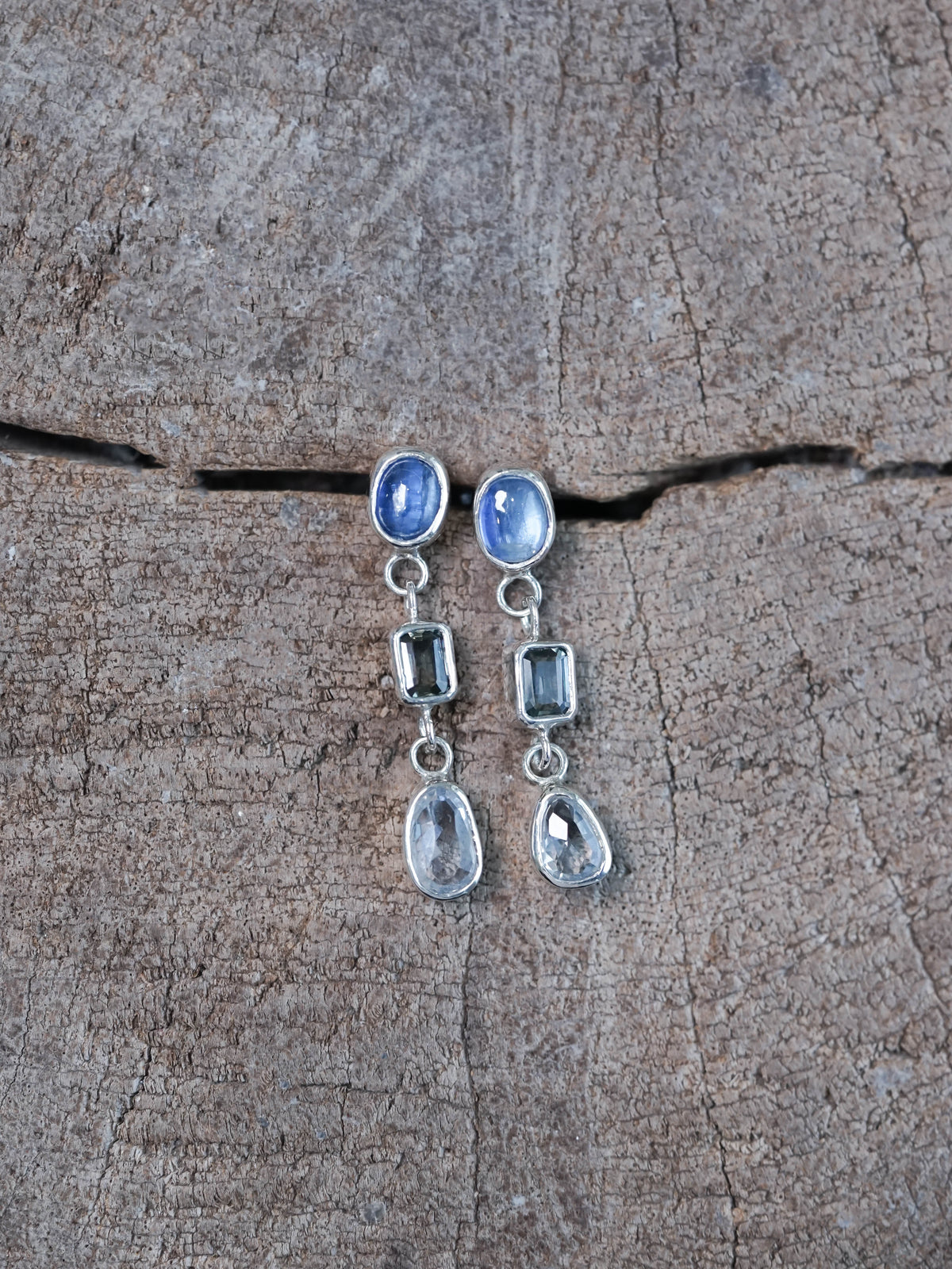 Kyanite and Sapphire Dangle Earrings in Silver