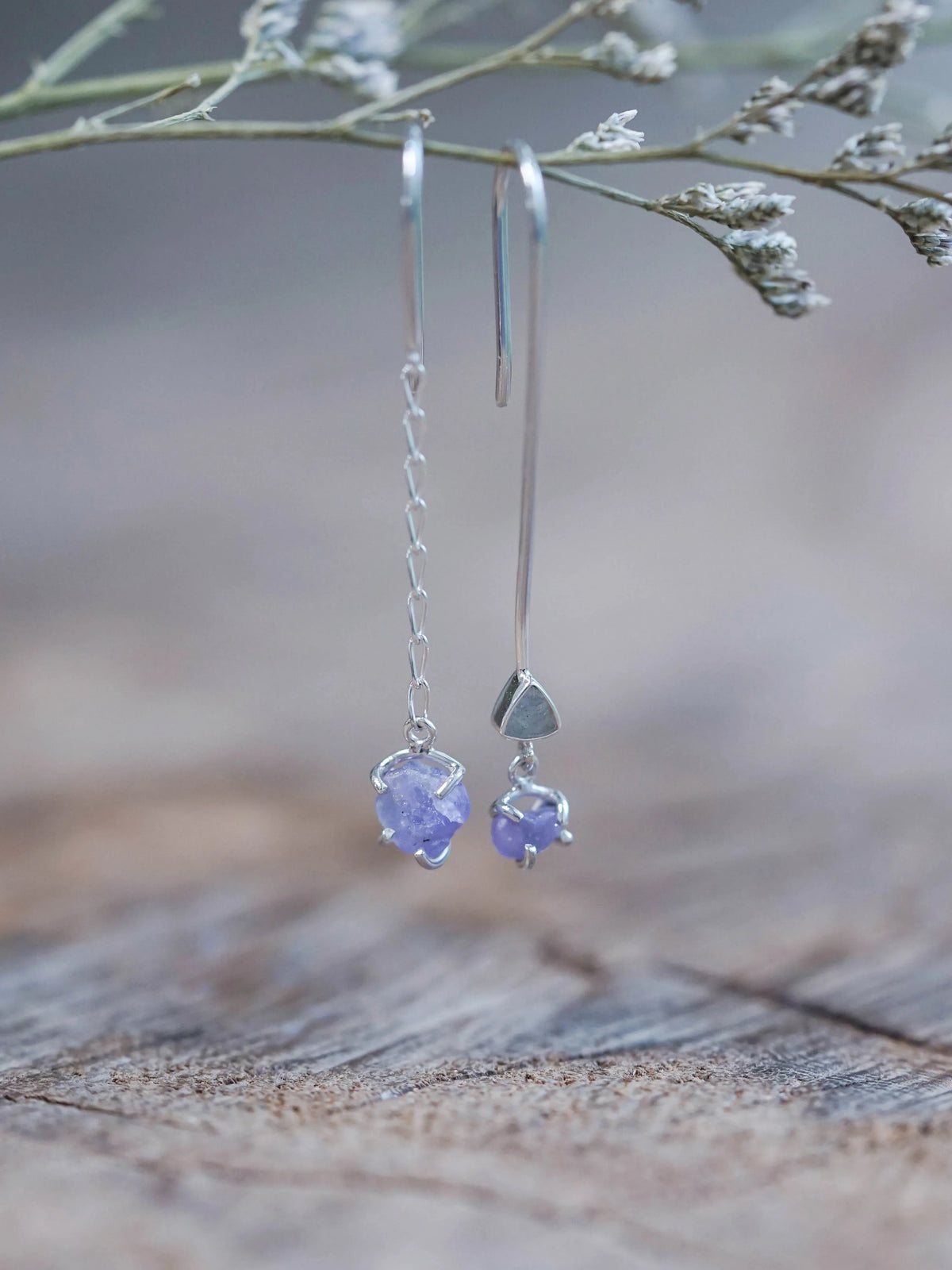 Labradorite and Dangling Sapphire Earrings in Recycled Sterling Silver