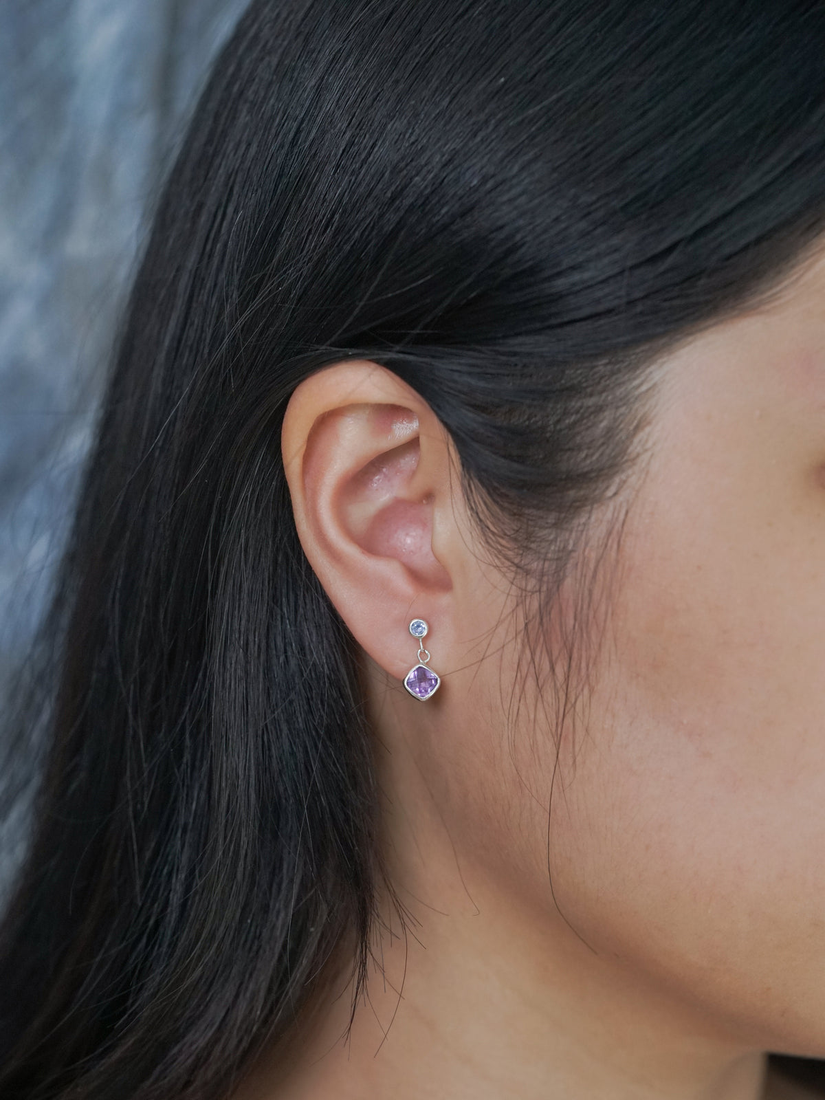 Mismatched Dangling Amethyst and Tanzanite Earrings - Gardens of the Sun | Ethical Jewelry