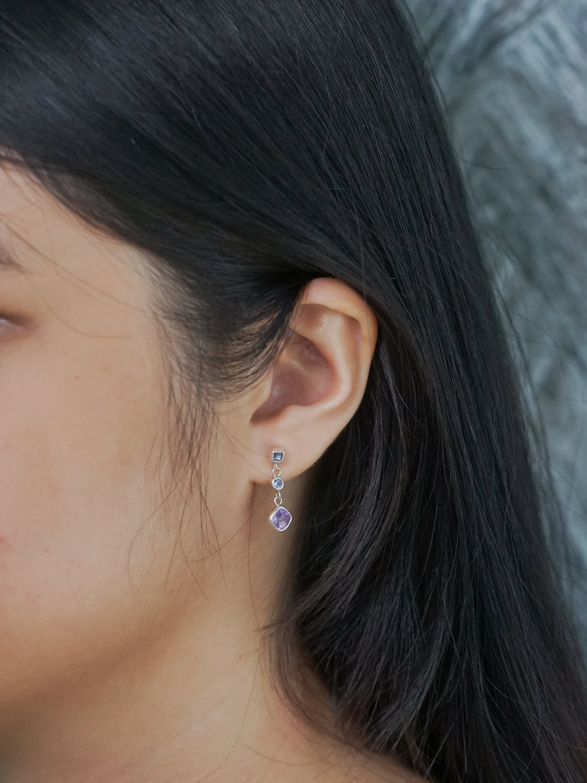 Mismatched Dangling Amethyst and Tanzanite Earrings - Gardens of the Sun | Ethical Jewelry