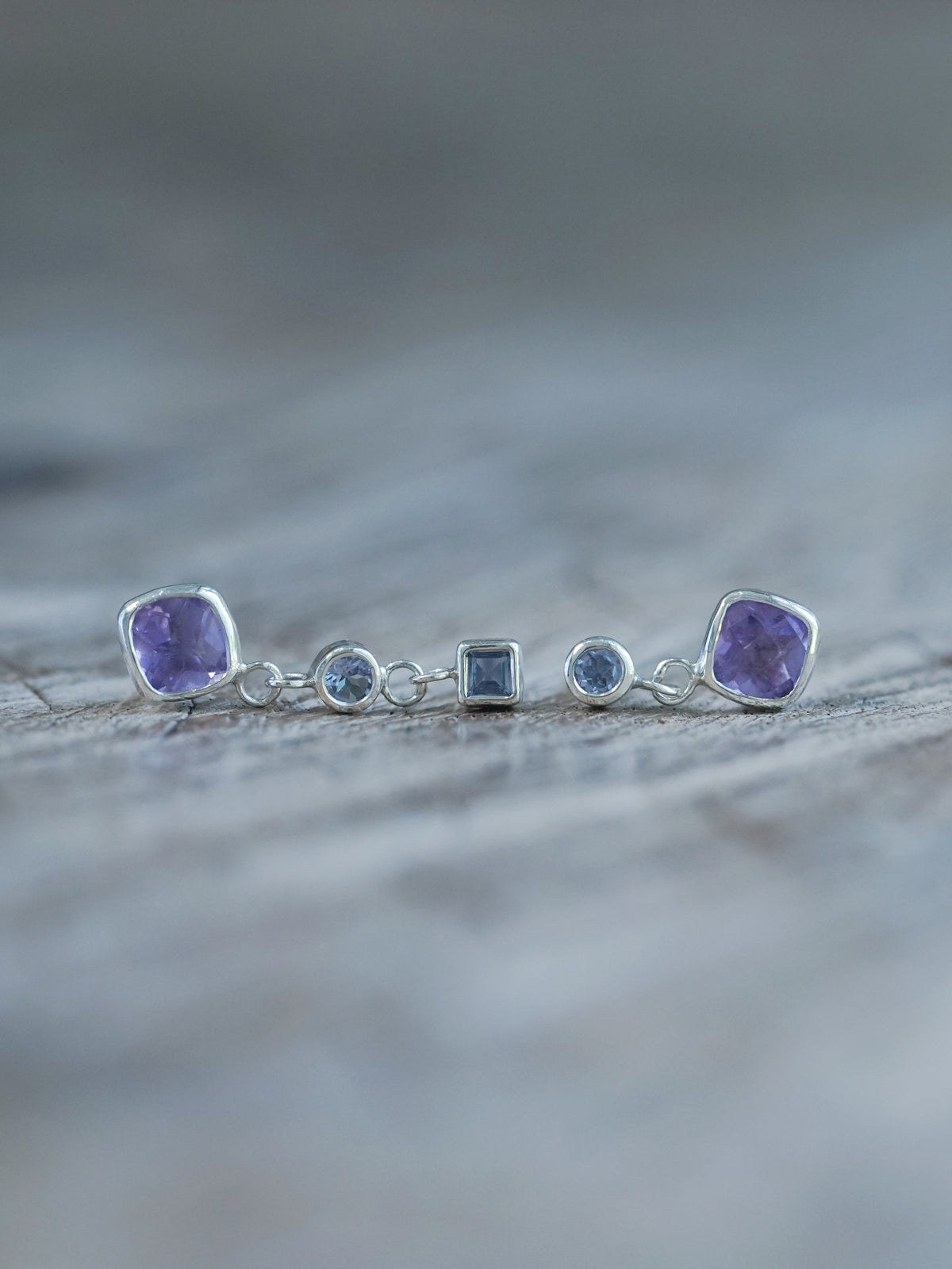 Mismatched Dangling Amethyst and Tanzanite Earrings - Gardens of the Sun | Ethical Jewelry