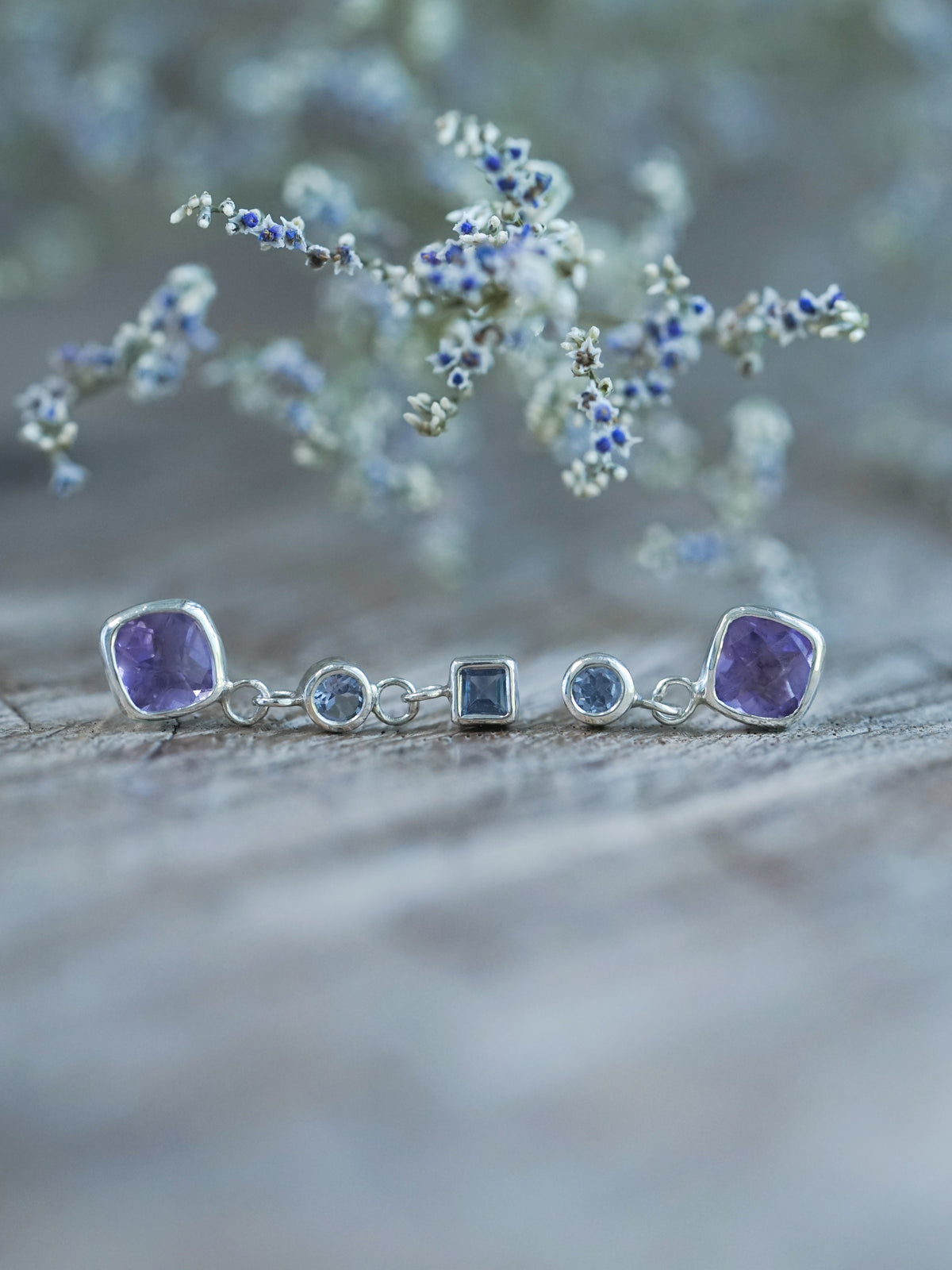 Mismatched Dangling Amethyst and Tanzanite Earrings - Gardens of the Sun | Ethical Jewelry