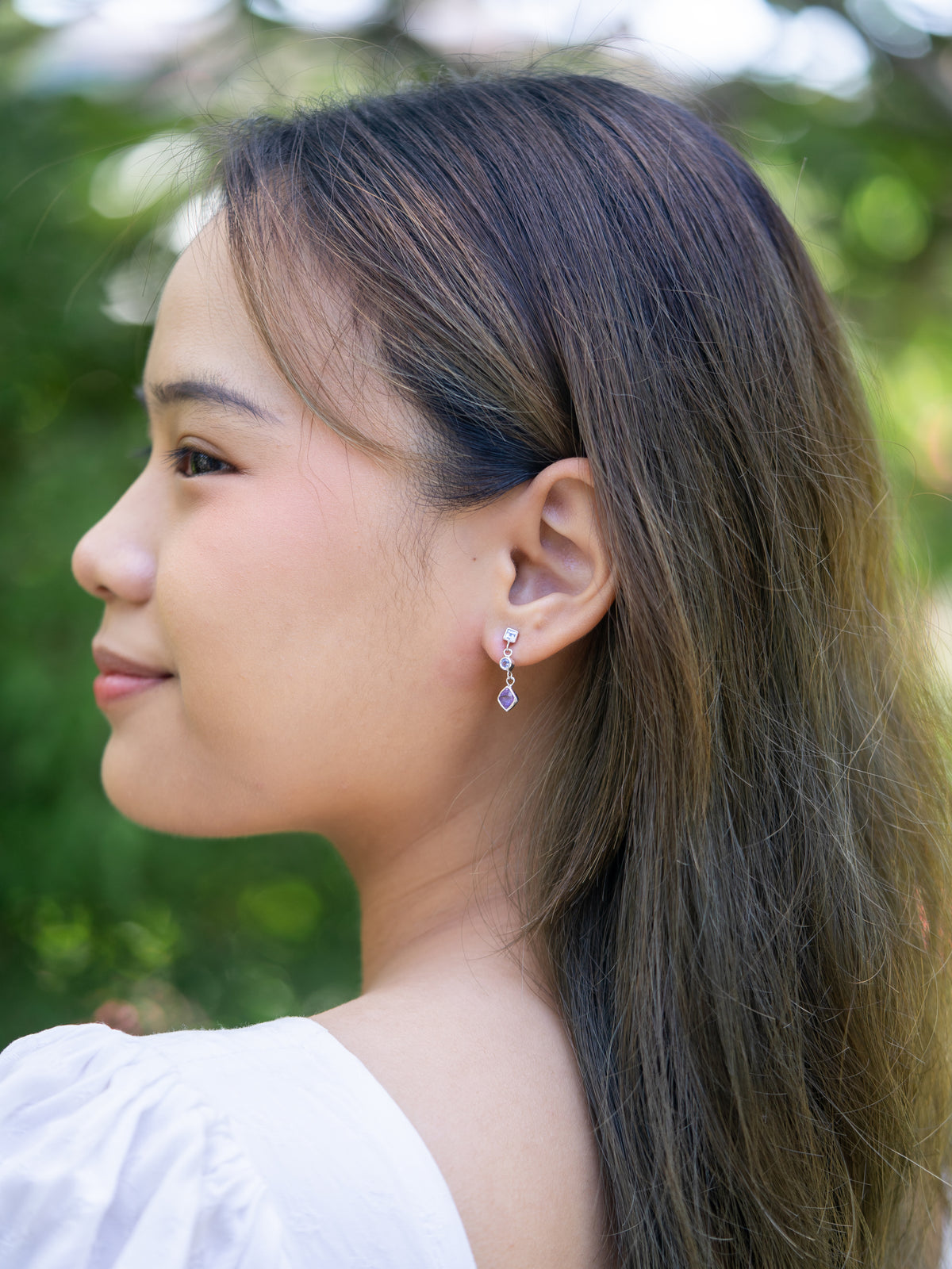 Mismatched Dangling Amethyst and Tanzanite Earrings - Gardens of the Sun | Ethical Jewelry
