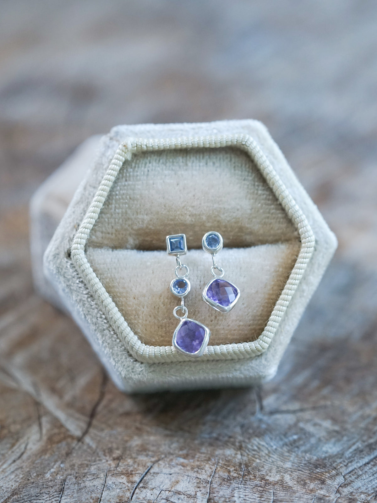 Mismatched Dangling Amethyst and Tanzanite Earrings - Gardens of the Sun | Ethical Jewelry