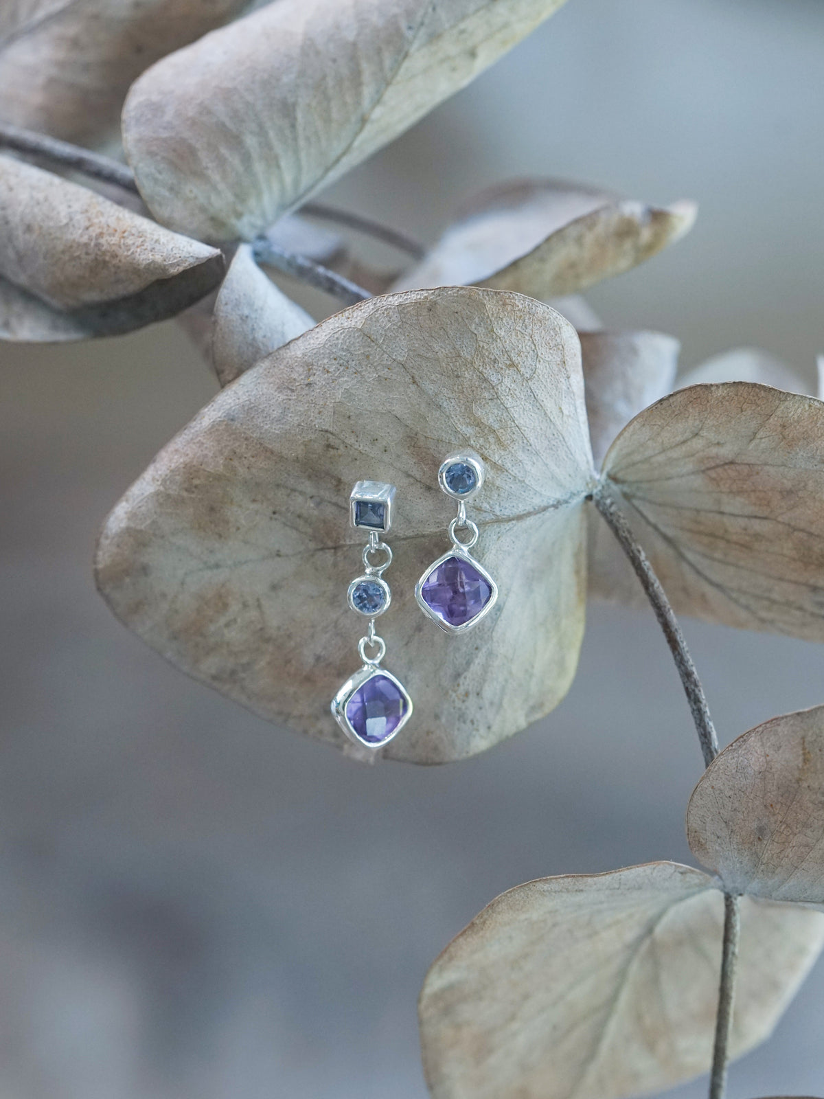 Mismatched Dangling Amethyst and Tanzanite Earrings - Gardens of the Sun | Ethical Jewelry