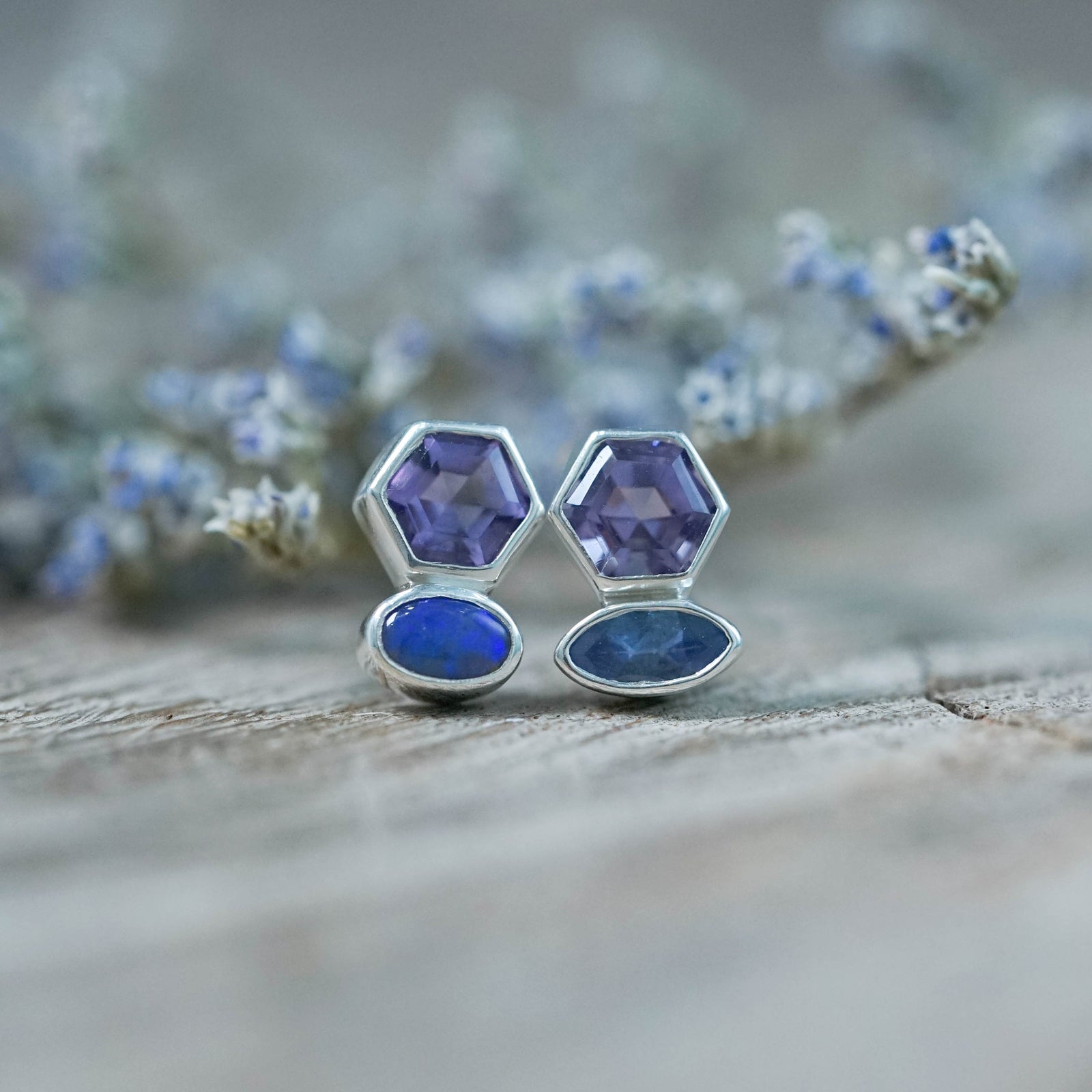 Mismatched Amethyst, Tanzanite, and Opal Stud Earrings