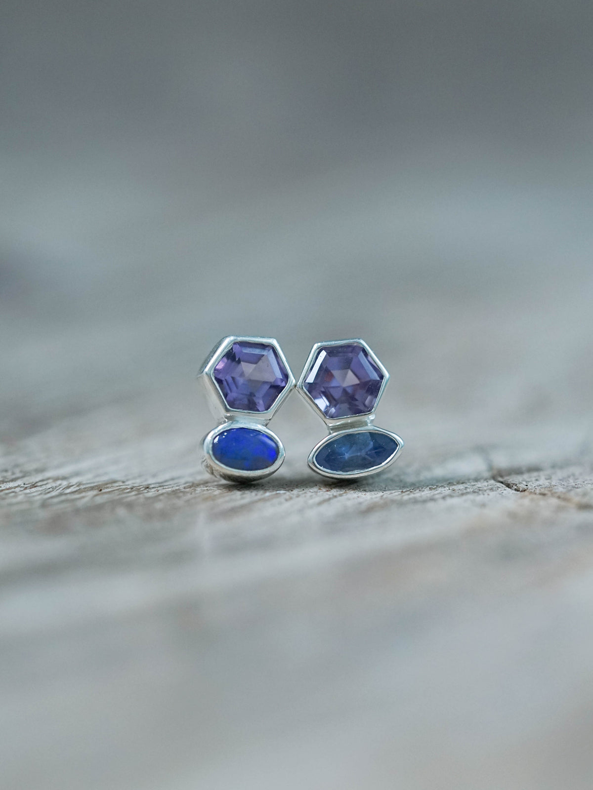 Mismatched Amethyst, Tanzanite, and Opal Stud Earrings in Silver