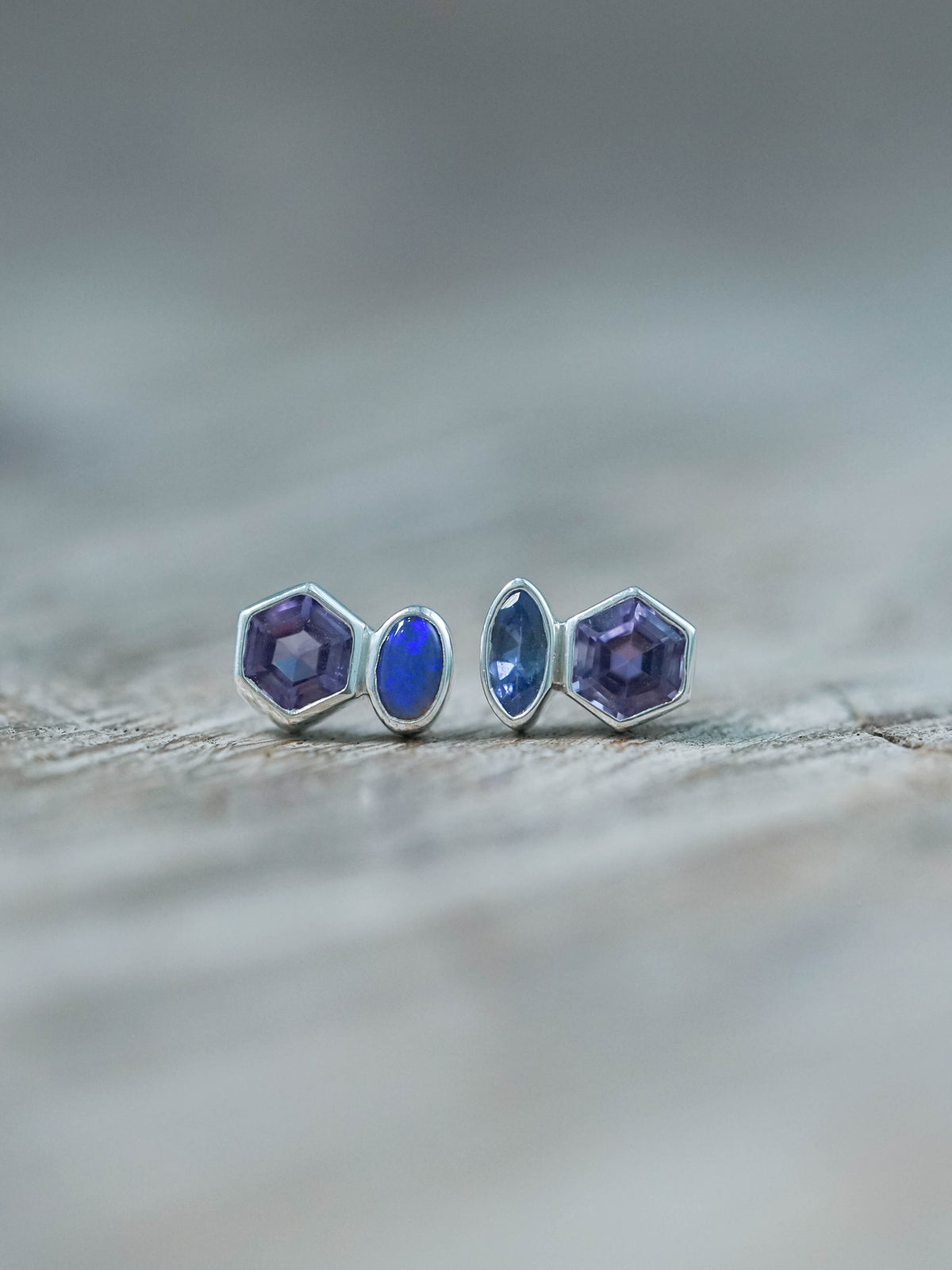 Mismatched Amethyst, Tanzanite, and Opal Stud Earrings in Sterling Silver