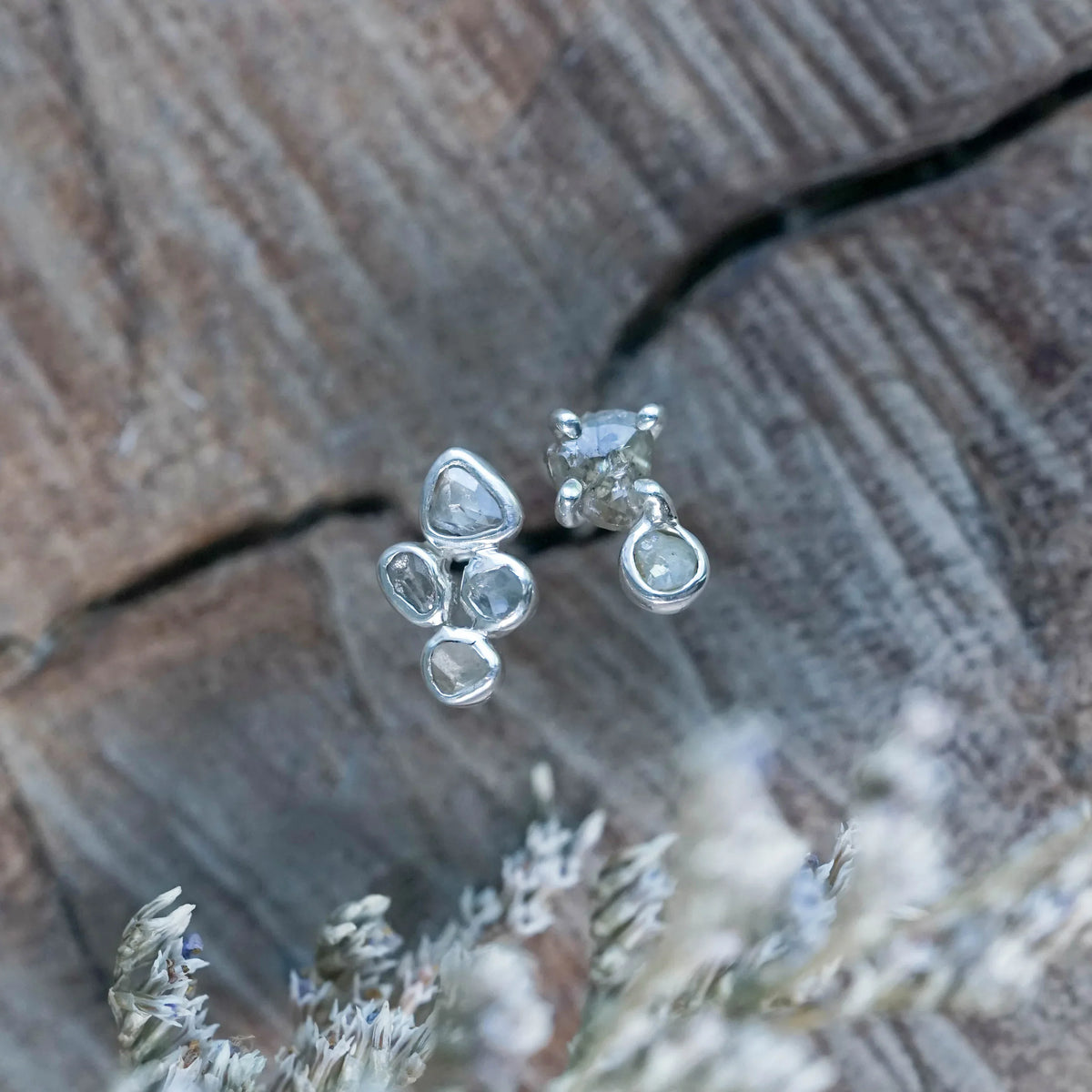 Mismatched Indonesian Diamond Stud Earrings in Silver