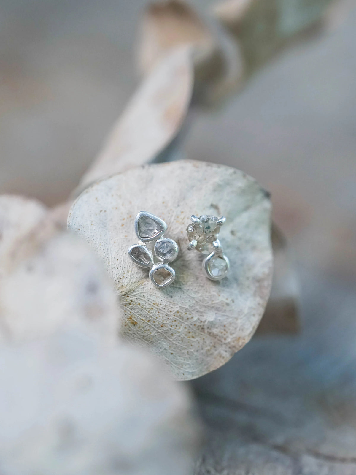 Mismatched Indonesian Diamond Stud Earrings in Sterling Silver