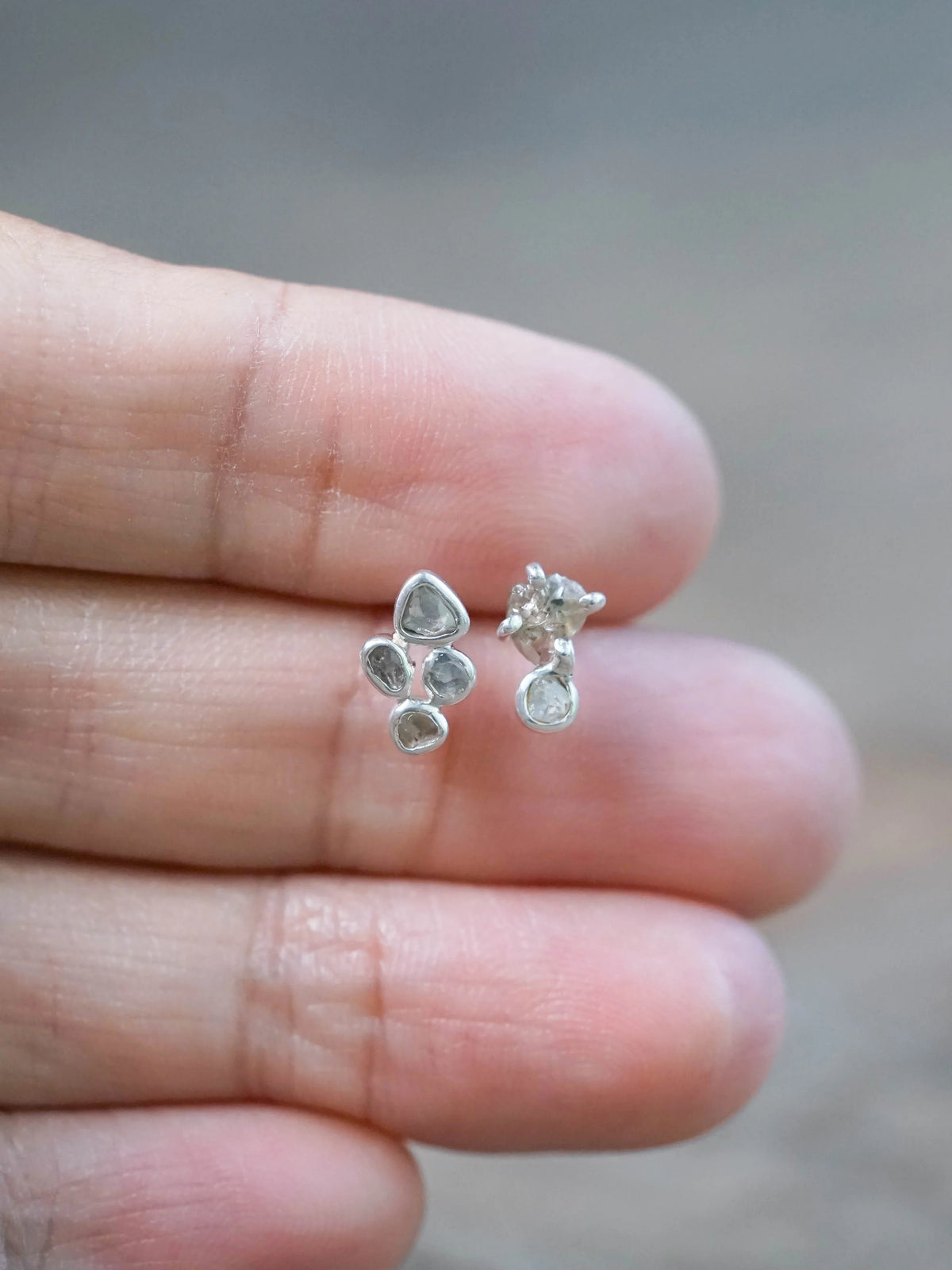Mismatched Natural Indonesian Diamond Stud Earrings in Recycled Sterling Silver