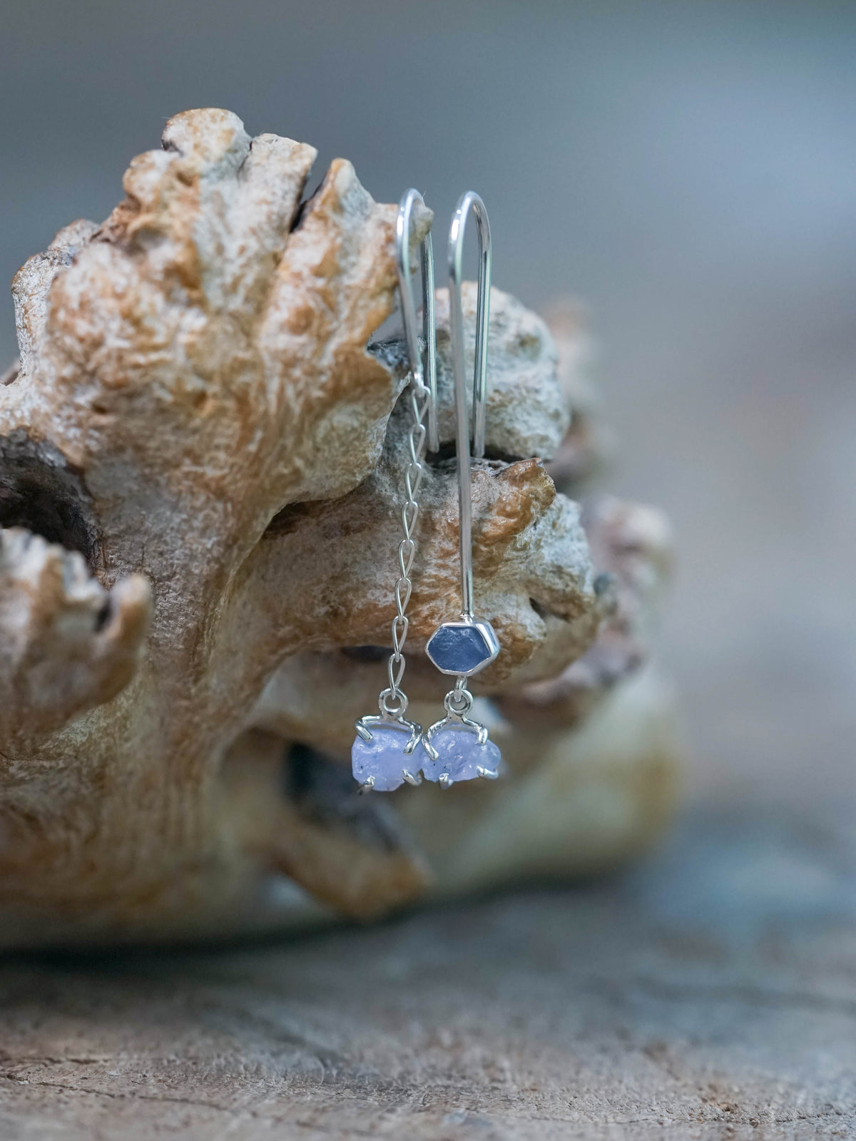 Mismatched Rough Blue Sapphire Dangling Earrings in Sterling Silver