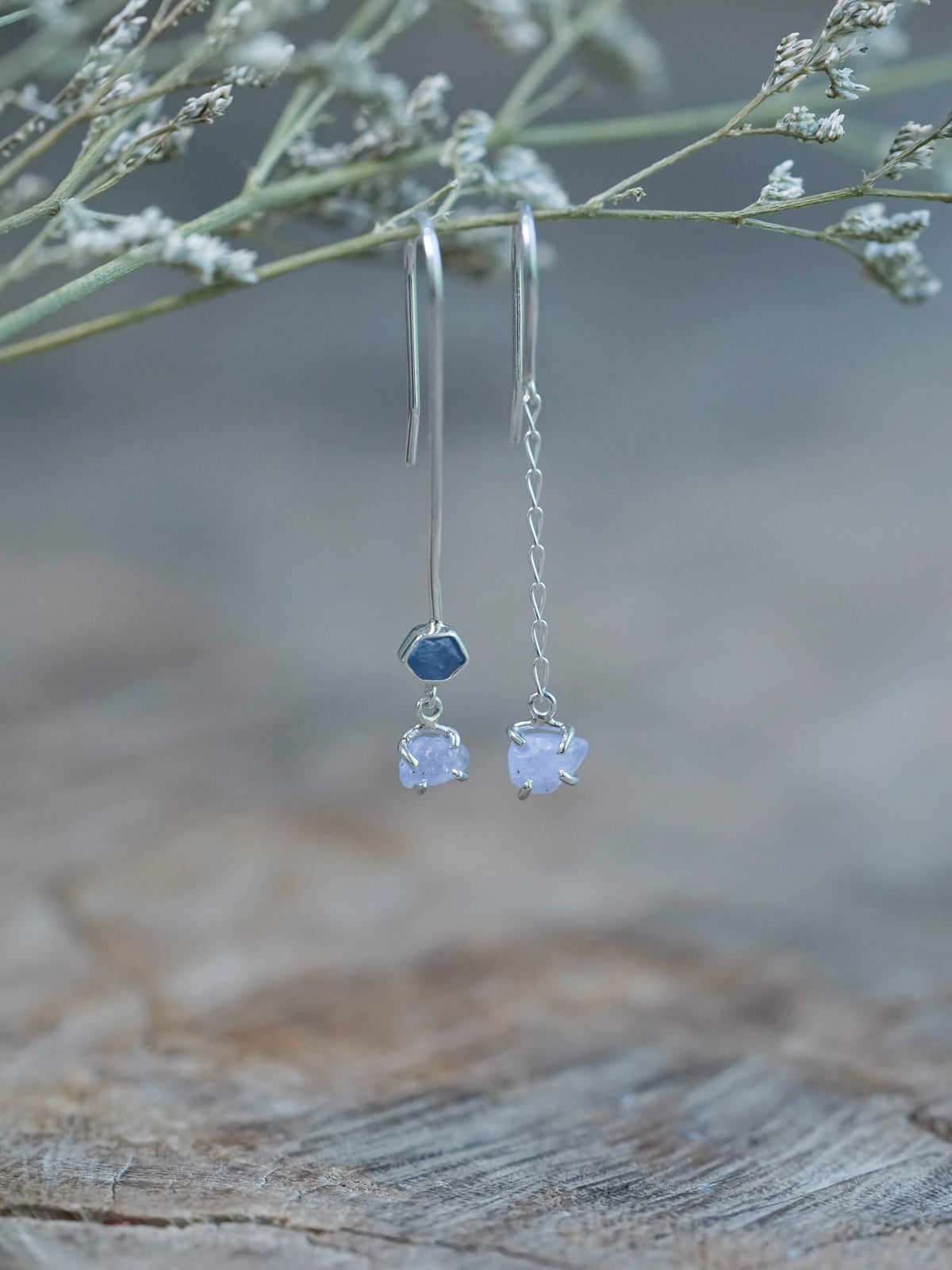 Mismatched Rough Blue and Pink Sapphire Dangling Earrings