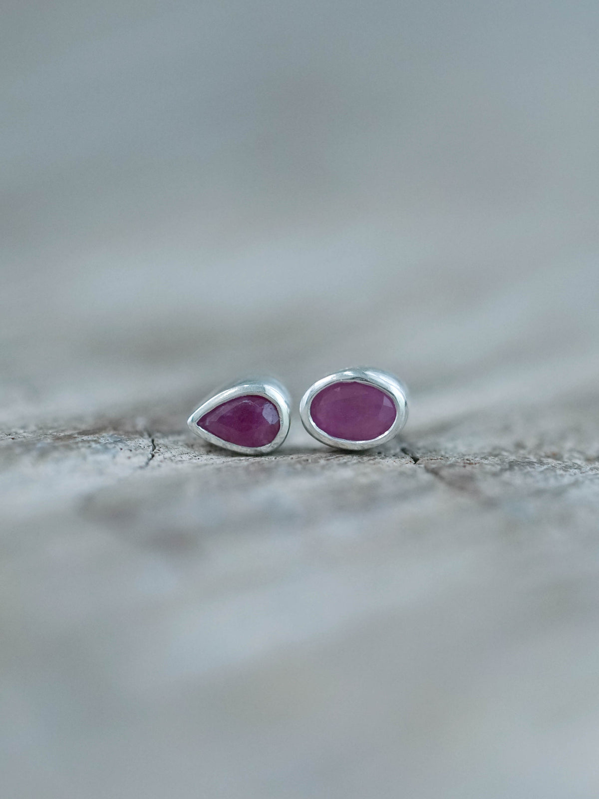 Mismatched Ruby Stud Earrings in Sterling Silver