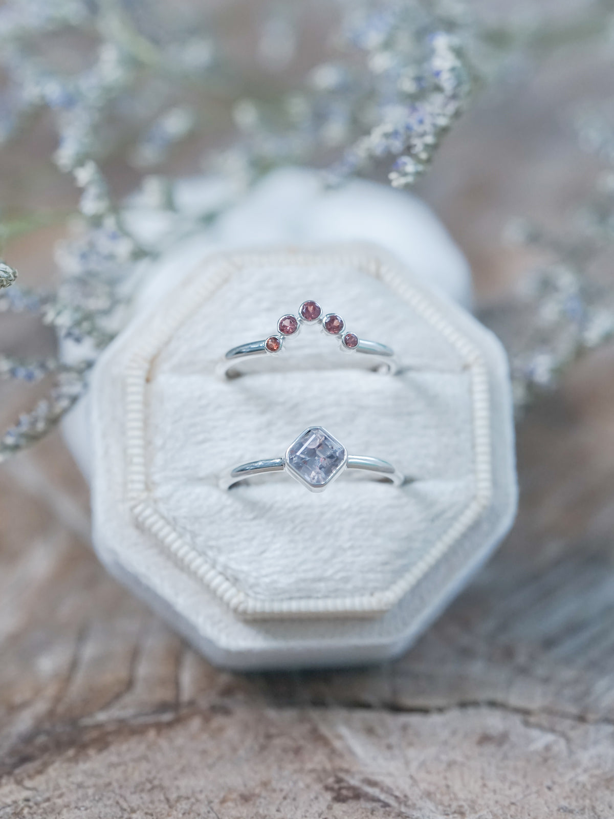 Montana Sapphire and Spinel Ring Set in recycled sterling silver in a velvet box