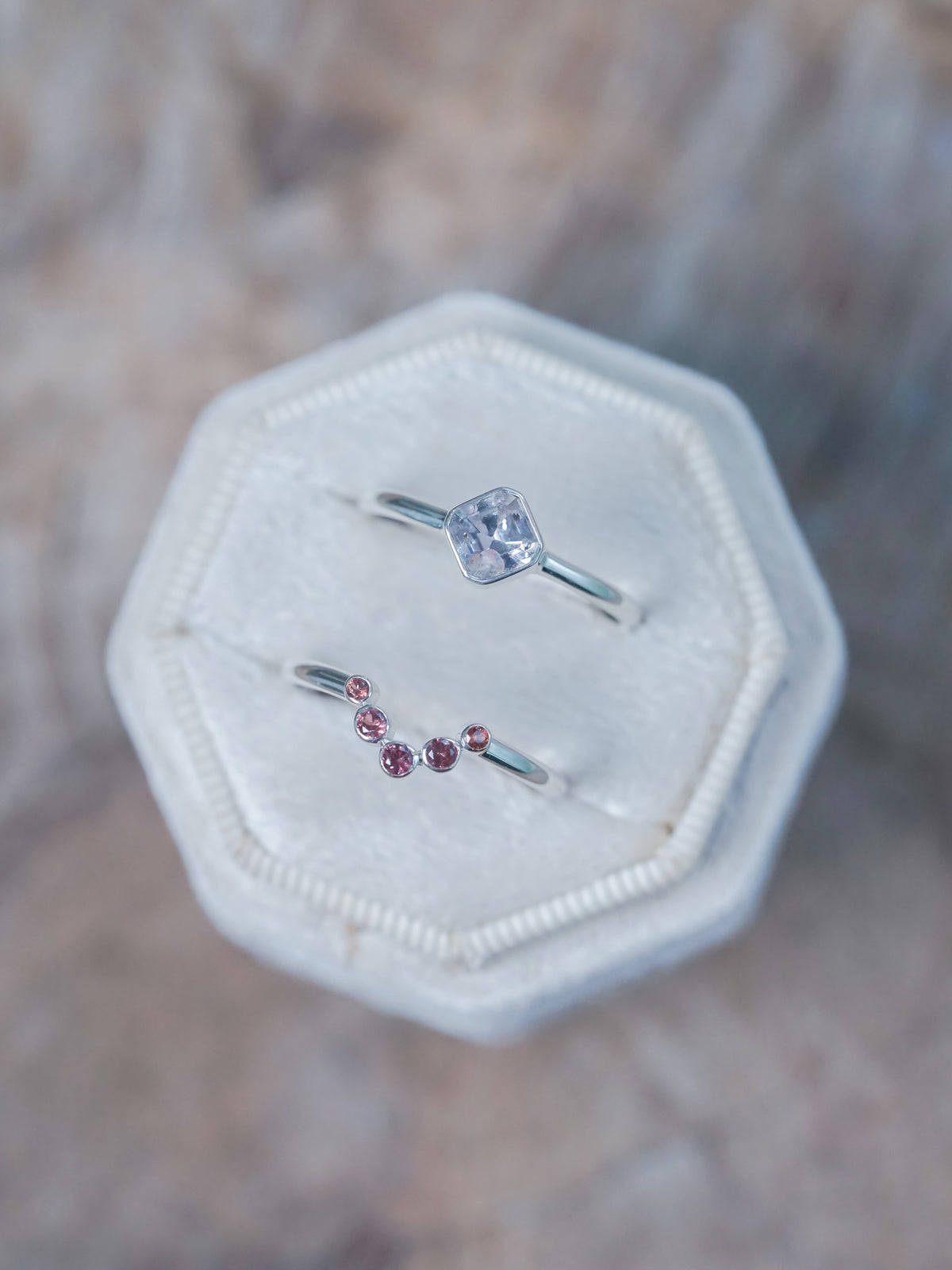 Montana Sapphire and Spinel Ring Set in velvet box