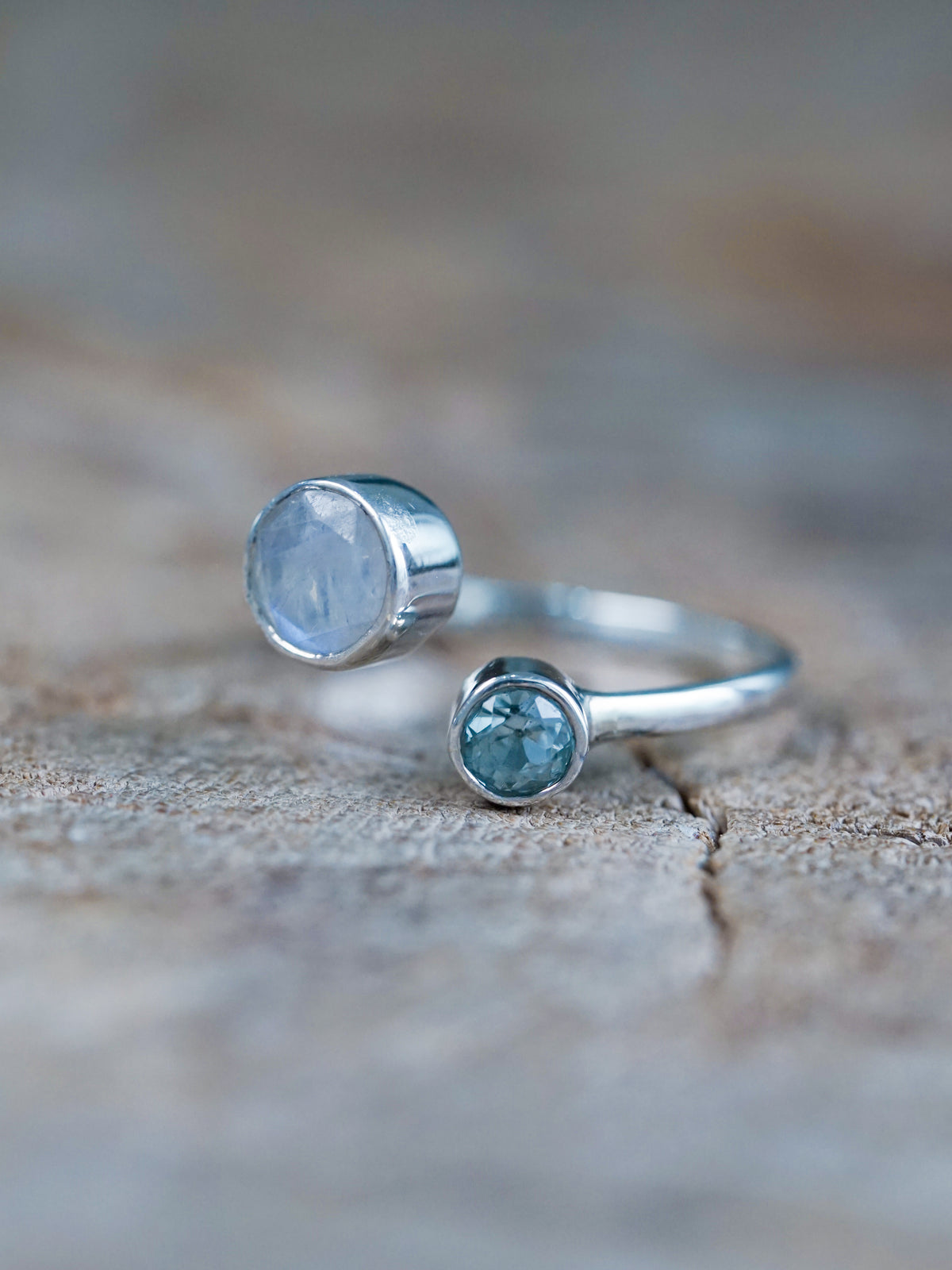 Moon and Back Moonstone and Aquamarine Ring