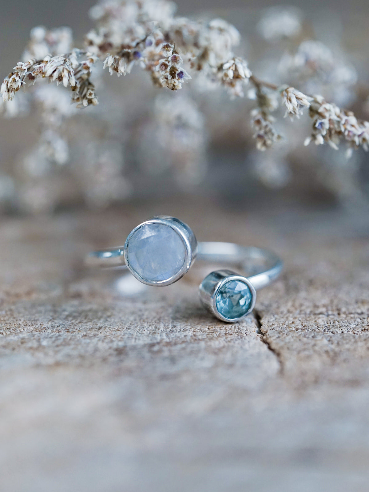 Moon and Back Moonstone and Aquamarine Ring