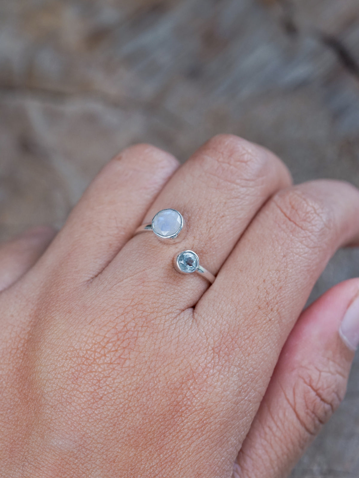 Moon and Back Moonstone and Aquamarine Ring