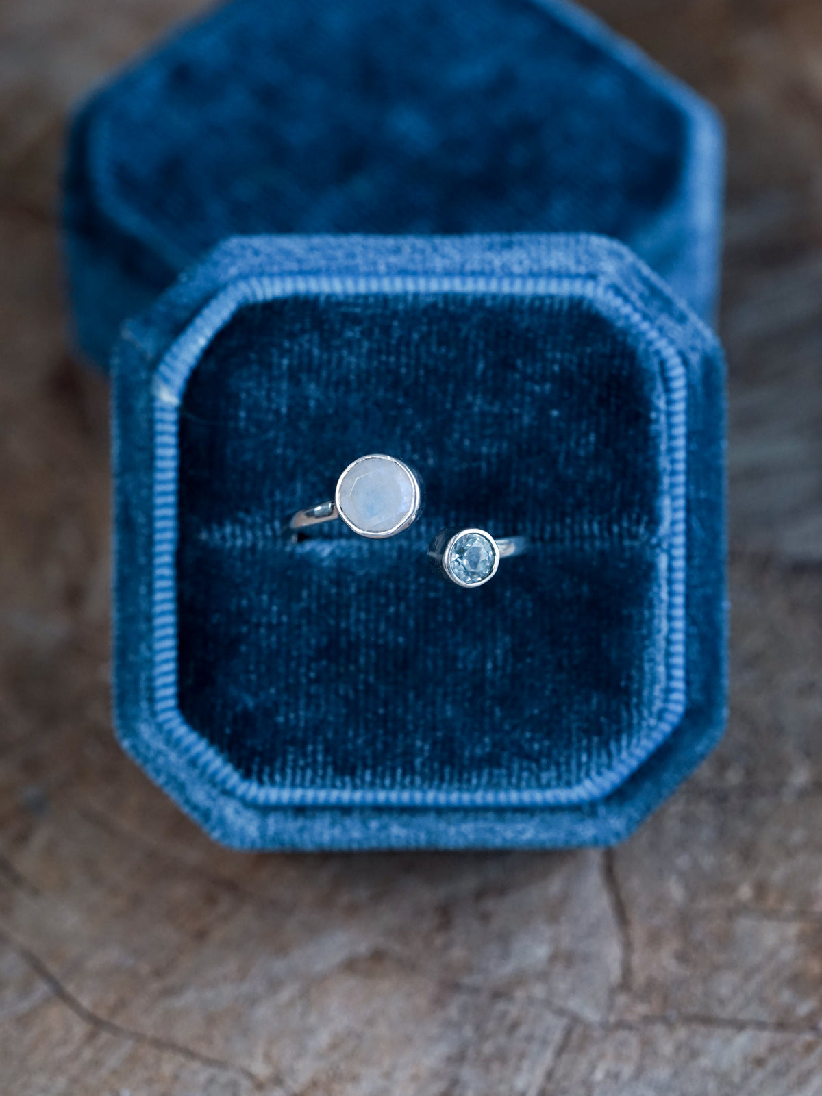 Moon and Back Moonstone and Aquamarine Ring