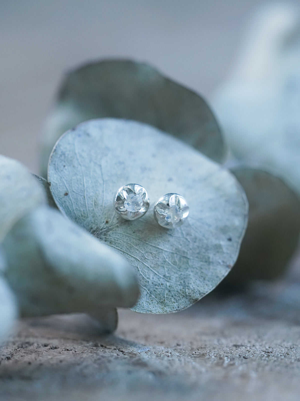 Moonstone Flower Stud Earrings in recycled sterling silver