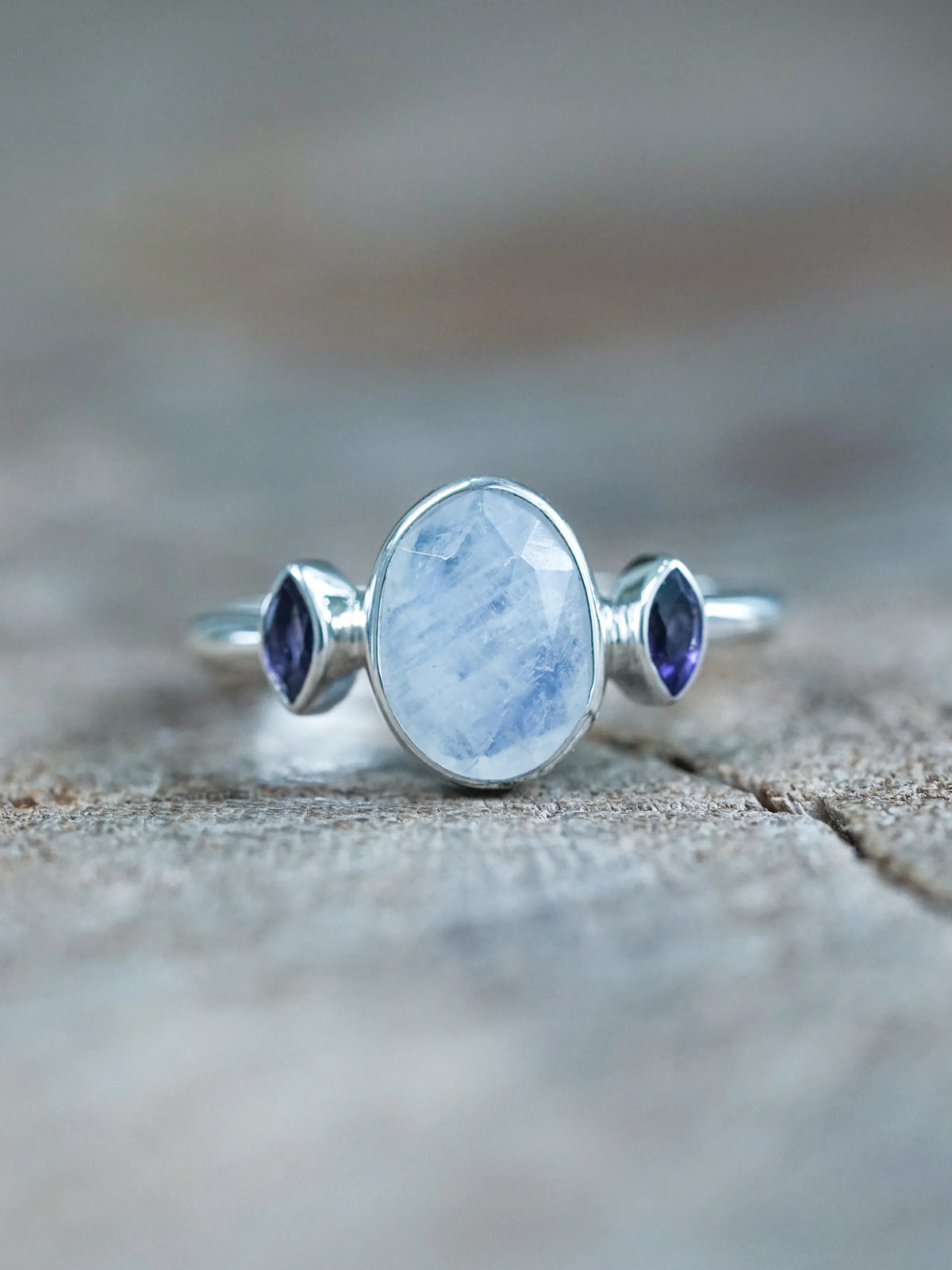 Moonstone and Amethyst Ring in Silver