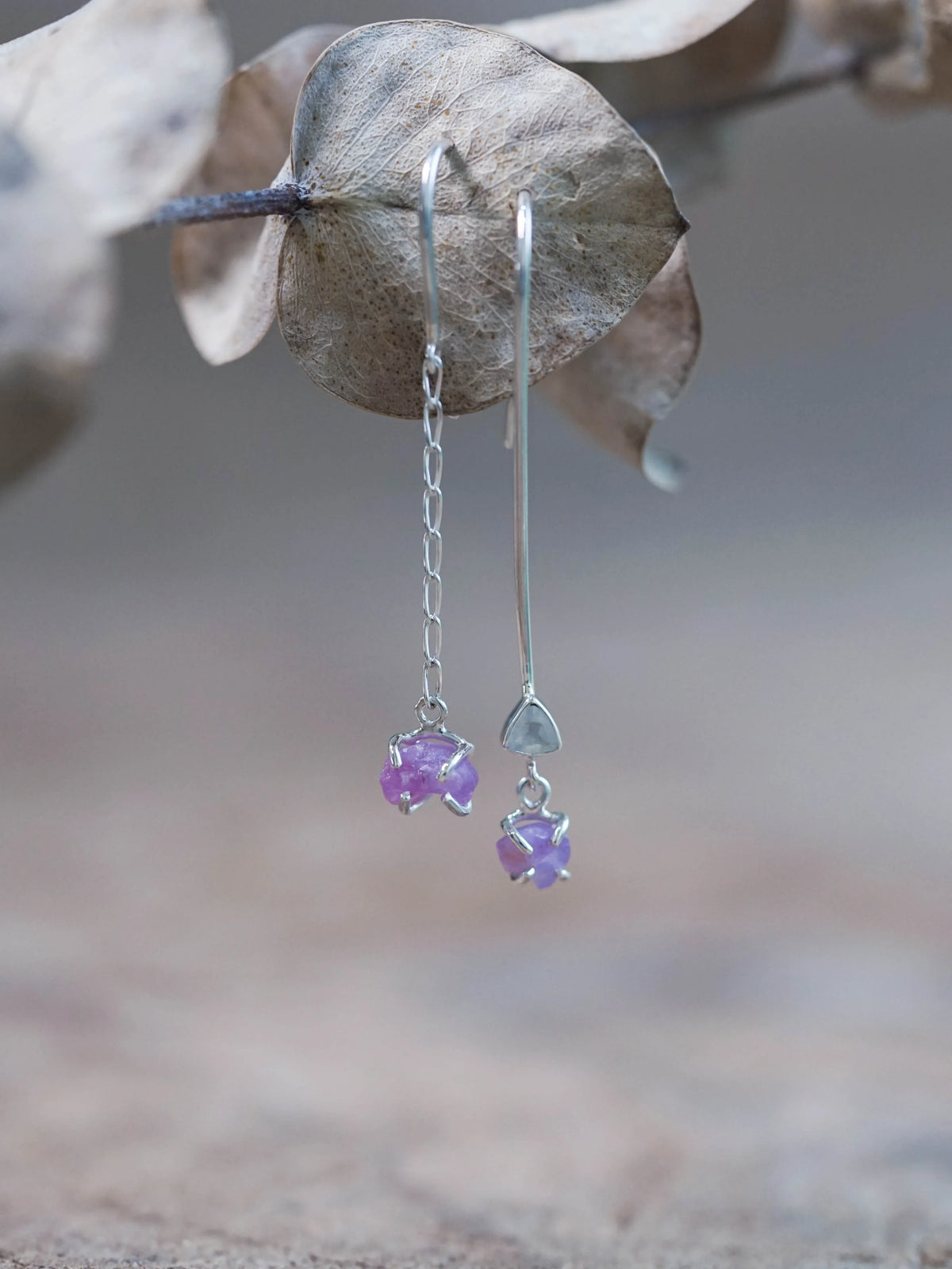 Moonstone and Jungle Sapphire Dangling Earrings in Sterling Silver