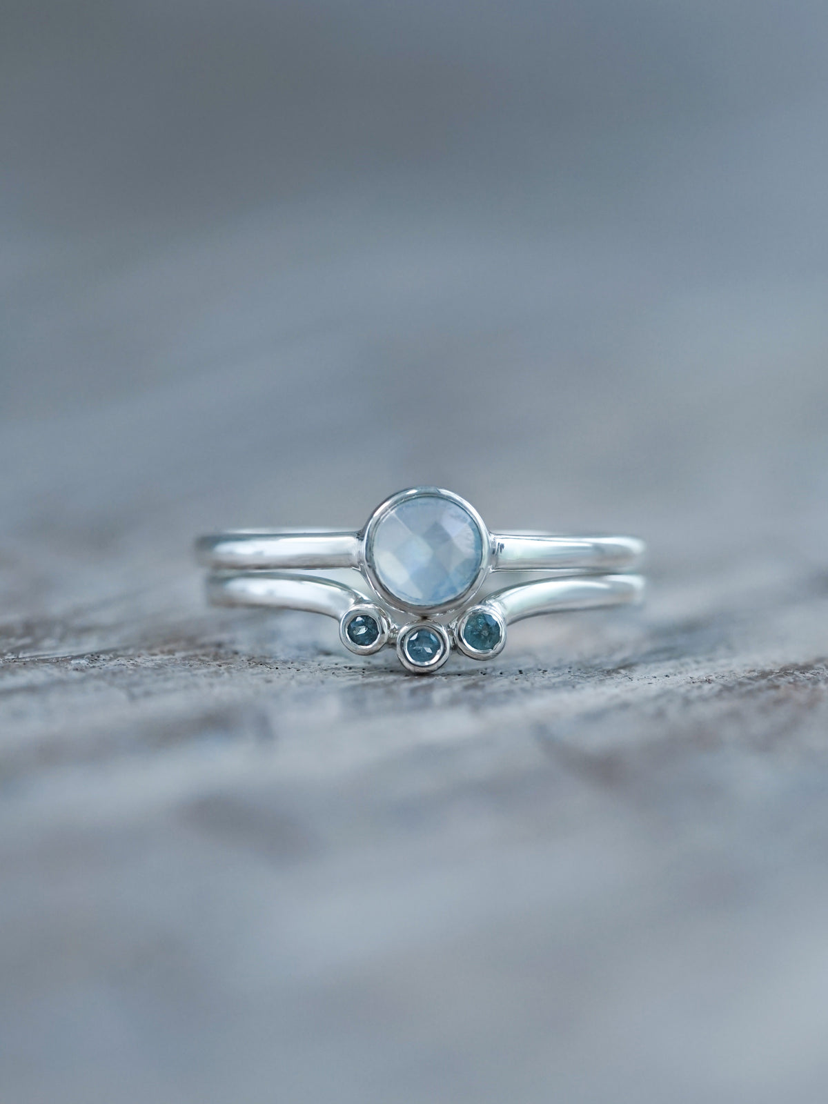 Moonstone and Aquamarine Ring Set - Gardens of the Sun | Ethical Jewelry