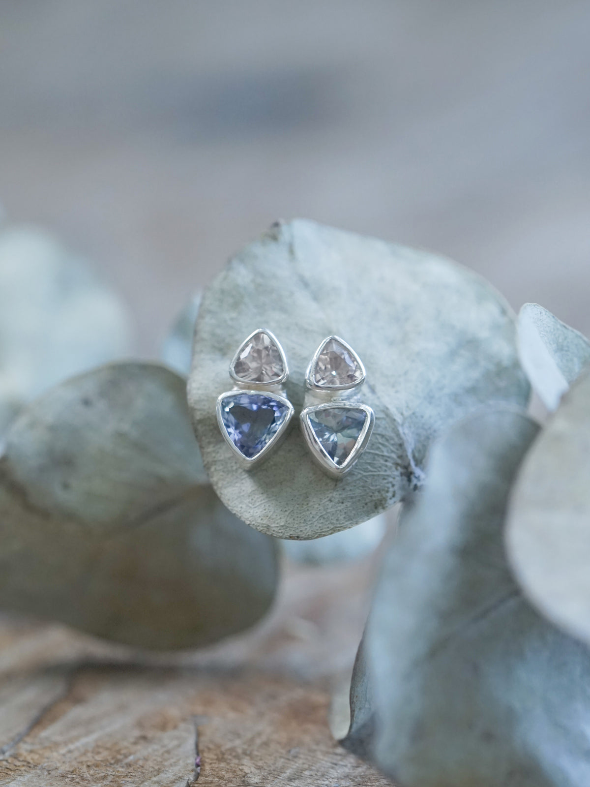 Morganite and Tanzanite Stud Earrings in recycled sterling silver