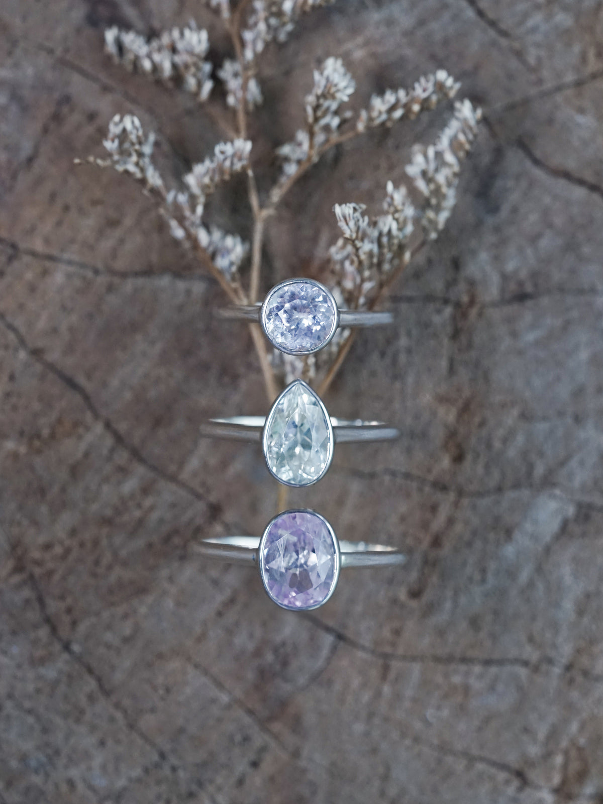 Natural Kunzite Engagement Rings in Sterling Silver 