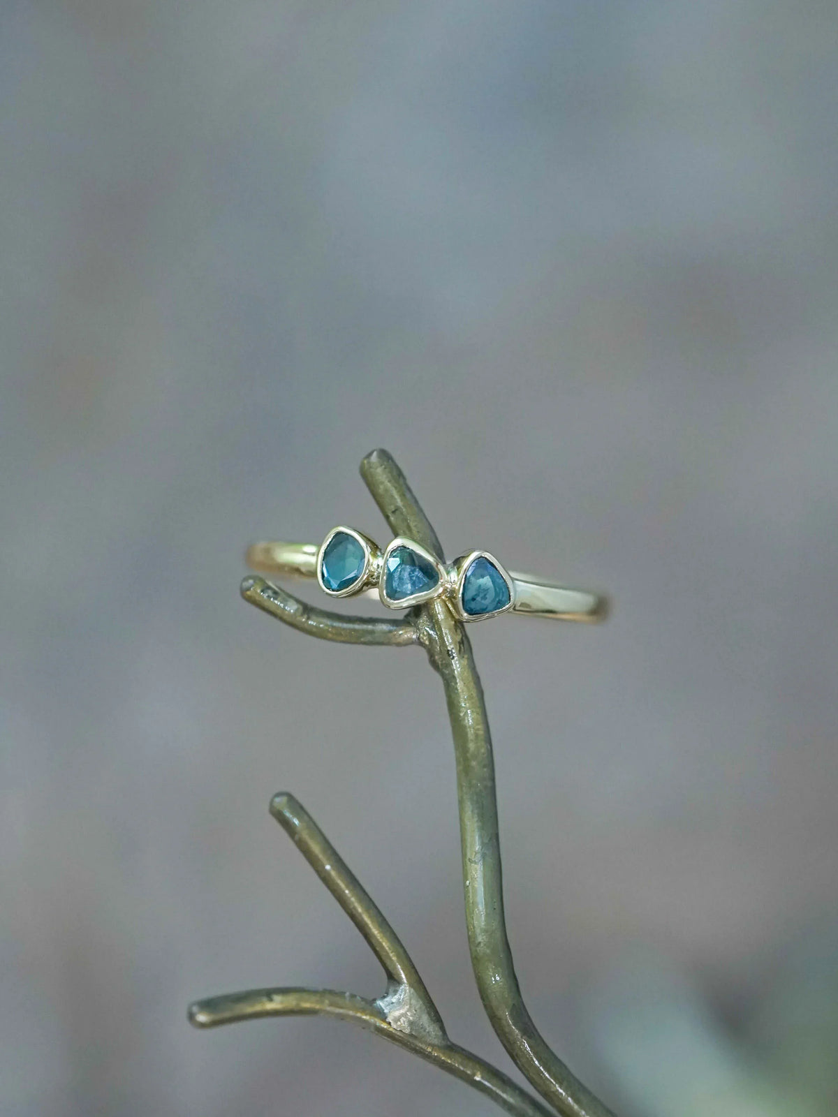 Natural Three Blue Diamonds Slice Ring in 18K Yellow Gold
