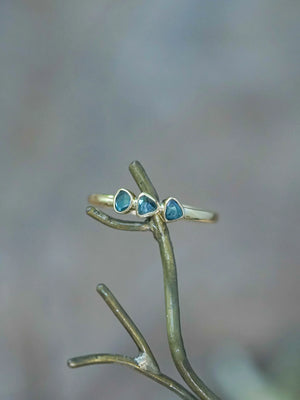 Natural Three Blue Diamonds Slice Ring in 18K Yellow Gold