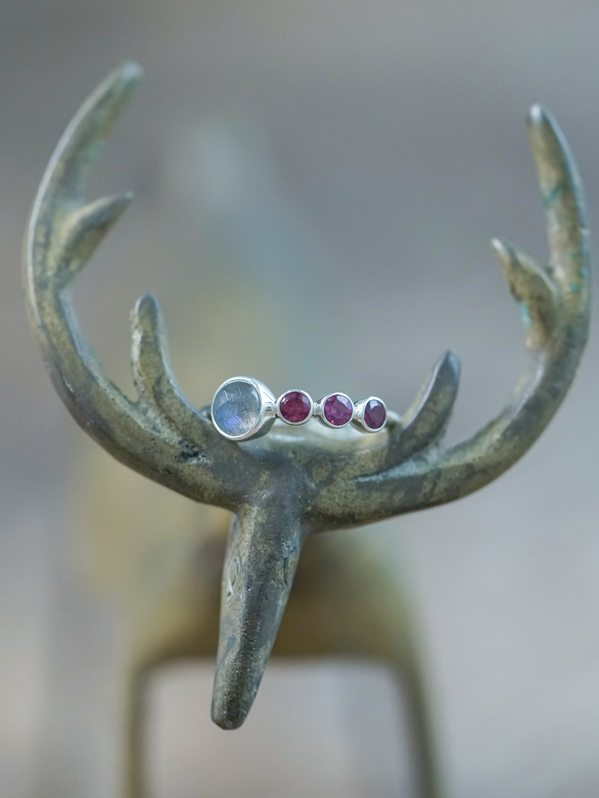One of a kind Rose Cut Labradorite and Garnet Ring in sterling silver